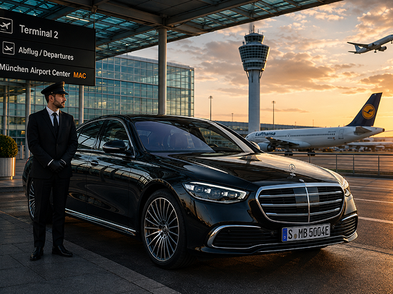 Professional chauffeur standing by black car